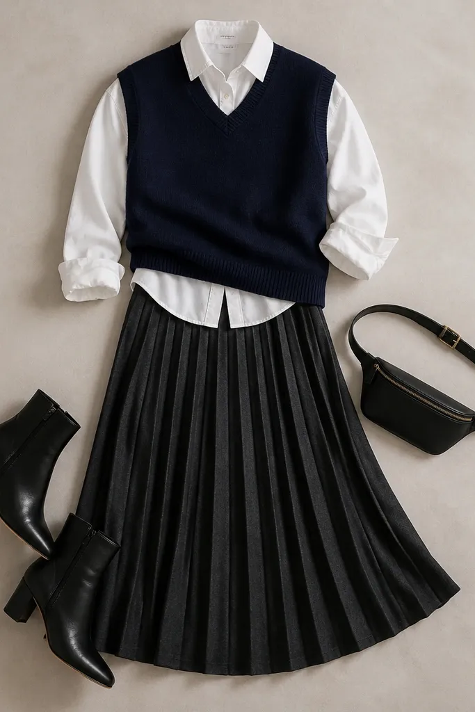 A flat-lay outfit: a navy sweater vest over a white button-down with sleeves slightly rolled, paired with a charcoal pleated midi skirt and heeled ankle boots; a slim belt bag is shown.