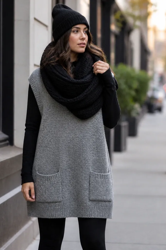 A street-style photo: a longline gray sweater vest worn over a black long-sleeve top, styled with black leggings and a chunky oversized scarf looped around the neck; a beanie sits on top of the scarf.