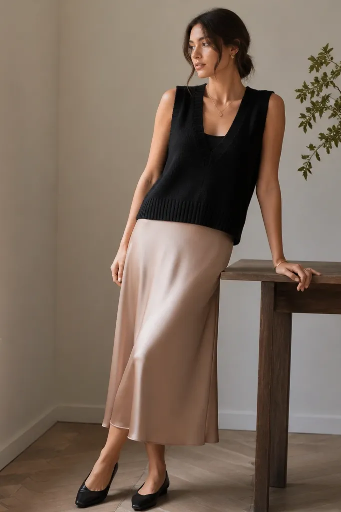 A styling shot: a black sweater vest over a fitted black camisole, paired with a champagne satin slip skirt and pointed-toe flats; subtle jewelry is visible at the neckline.