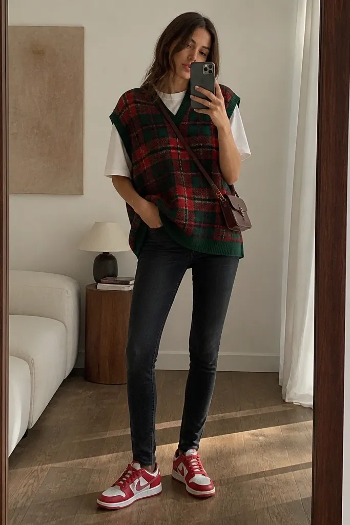 A mirror selfie: an oversized plaid sweater vest in green-red tones over a plain white tee, paired with dark skinny jeans and red-and-white sneakers; a small crossbody is shown.