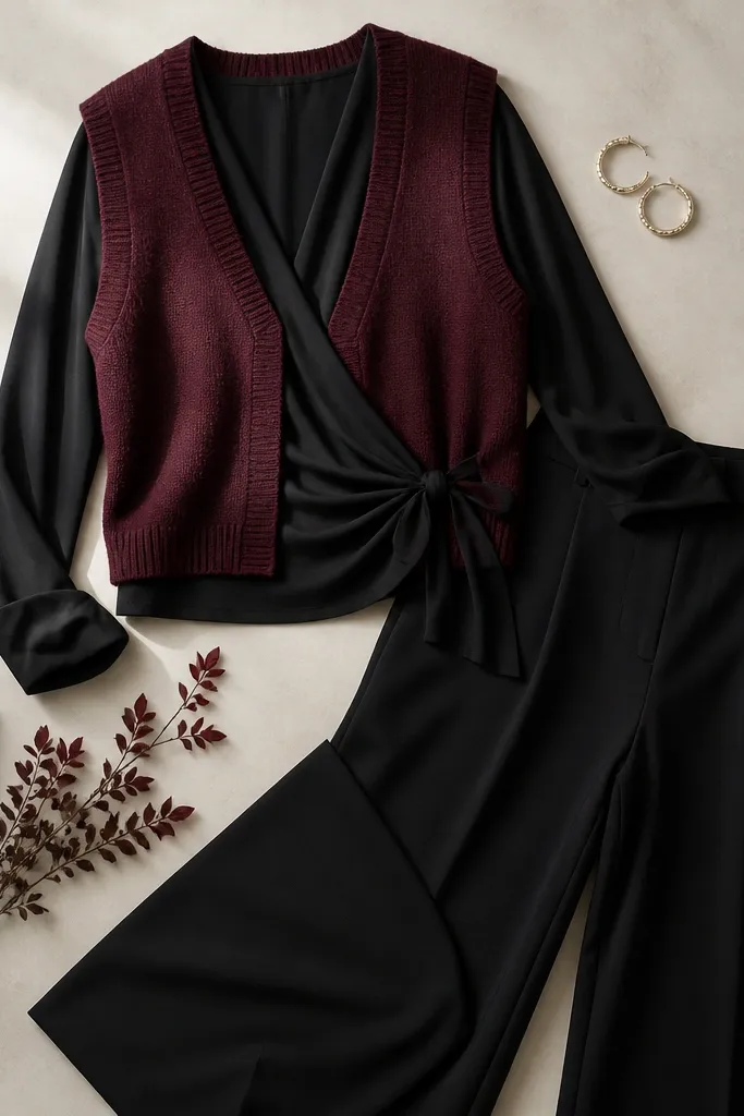 A flat-lay: a burgundy V-neck sweater vest over a black wrap top, paired with wide-leg black trousers and gold hoop earrings; the neckline layering is emphasized.