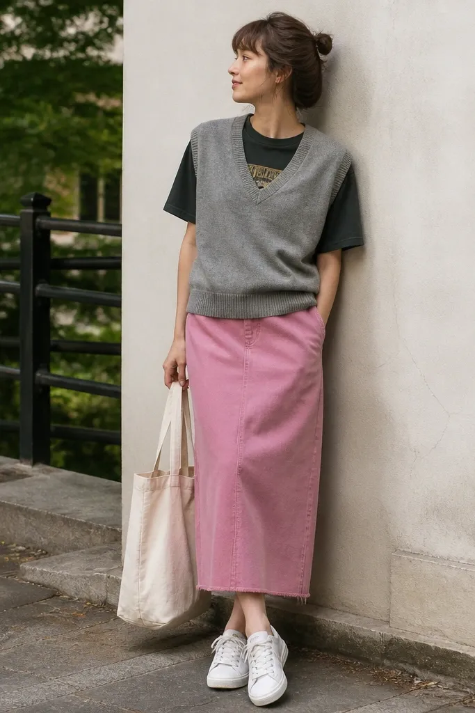 A casual outdoor shot: a heather-gray crewneck sweater vest over a black graphic tee, paired with a dusty pink midi skirt and white sneakers; a tote bag is visible.