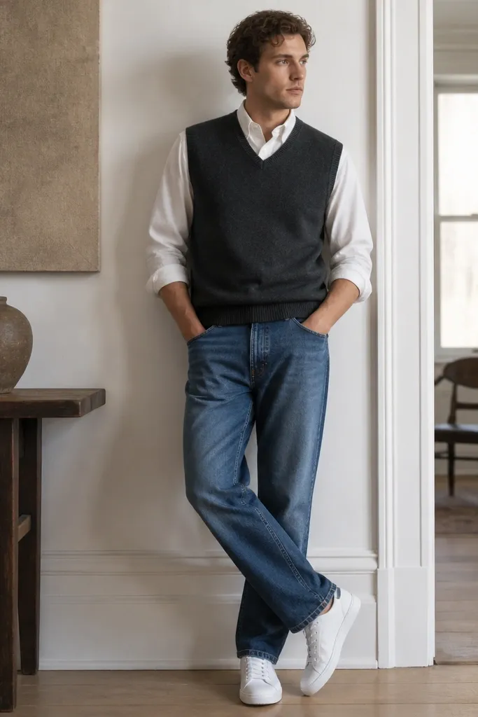 A charcoal sleeveless sweater vest over a white button-down Oxford shirt, paired with straight-leg medium-wash jeans. Rolled sleeves peek out; the outfit is finished with white sneakers.