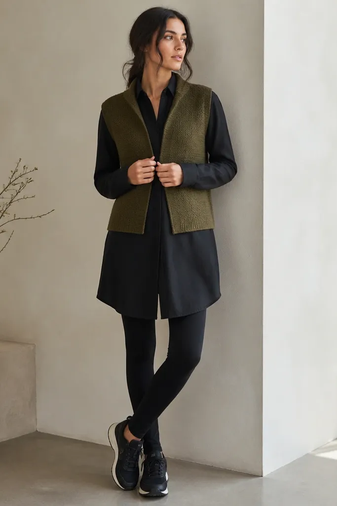An olive sleeveless sweater vest over a longline black tunic shirt, paired with black leggings. The vest is slightly open at the front; the model wears black sneakers.
