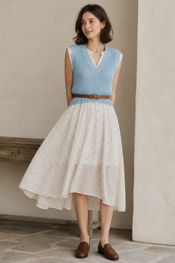 A sky blue sleeveless sweater vest worn over a white, airy swing dress. The dress has a subtle print and the vest sits centered; the model wears brown belt and loafers.