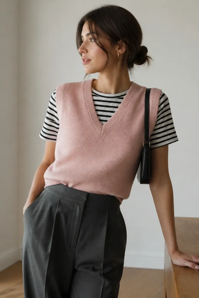 A blush pink sleeveless sweater vest layered over a black-and-white striped short-sleeve tee. The look is paired with high-waist tailored trousers and a small shoulder bag.