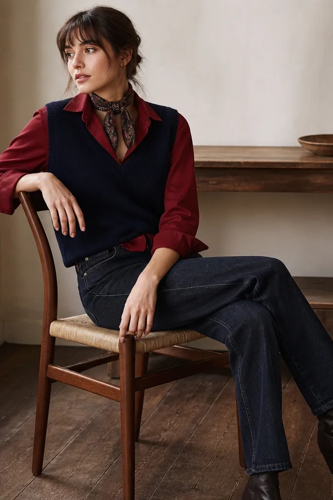 A navy sleeveless sweater vest over a deep red button-down shirt. A patterned scarf is tied at the neck, and the outfit includes dark-wash jeans and ankle boots.