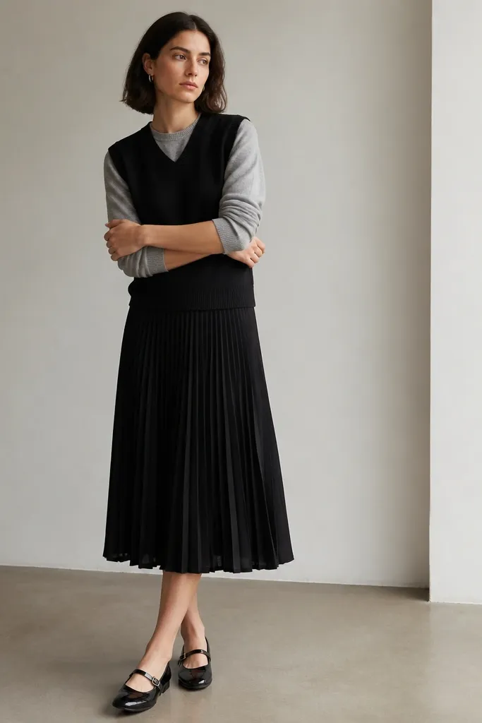 A black sleeveless sweater vest layered over a heather-gray crewneck sweater, paired with a black pleated midi skirt. The model wears black Mary Jane shoes and small hoop earrings.