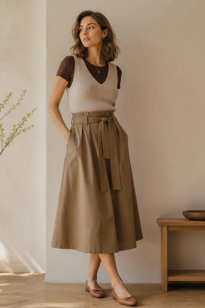 A beige sleeveless sweater vest over a chocolate-brown fitted T-shirt. The outfit includes a paper-bag waist skirt with a tied belt and tan flats.