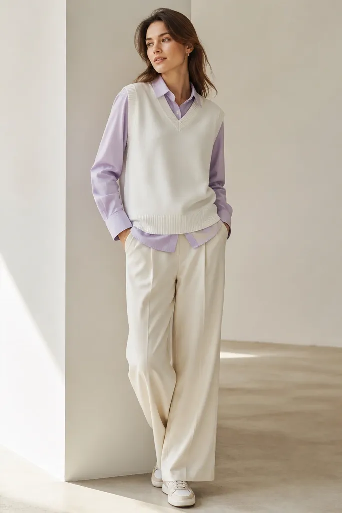A white sleeveless sweater vest over a pastel-lavender button-up shirt. The outfit is paired with cream wide-leg pants and light sneakers; the shirt cuffs are visible.