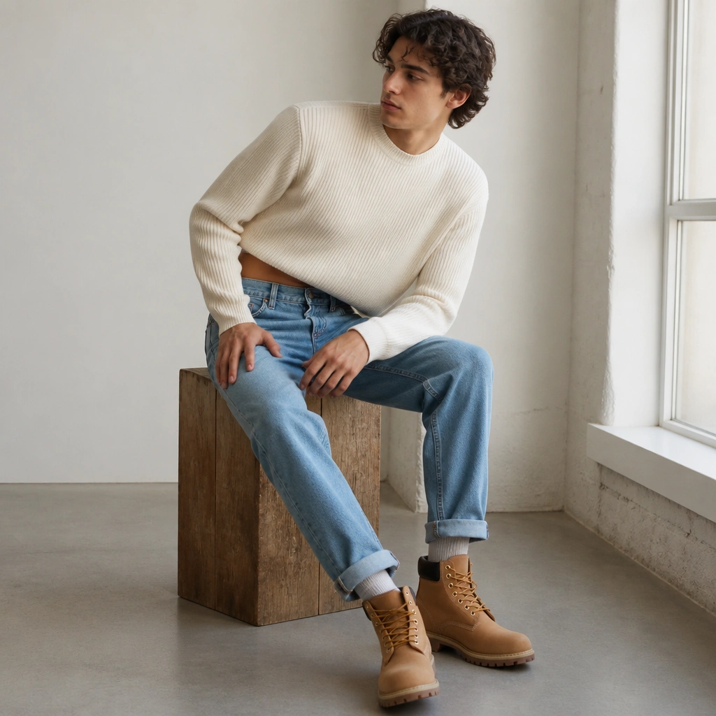 A man wearing wheat-brown Timberland boots with straight-leg medium-wash jeans and a cream crop knit sweater. The jeans are cuffed slightly above the boot shaft, showing a sliver of sock.
