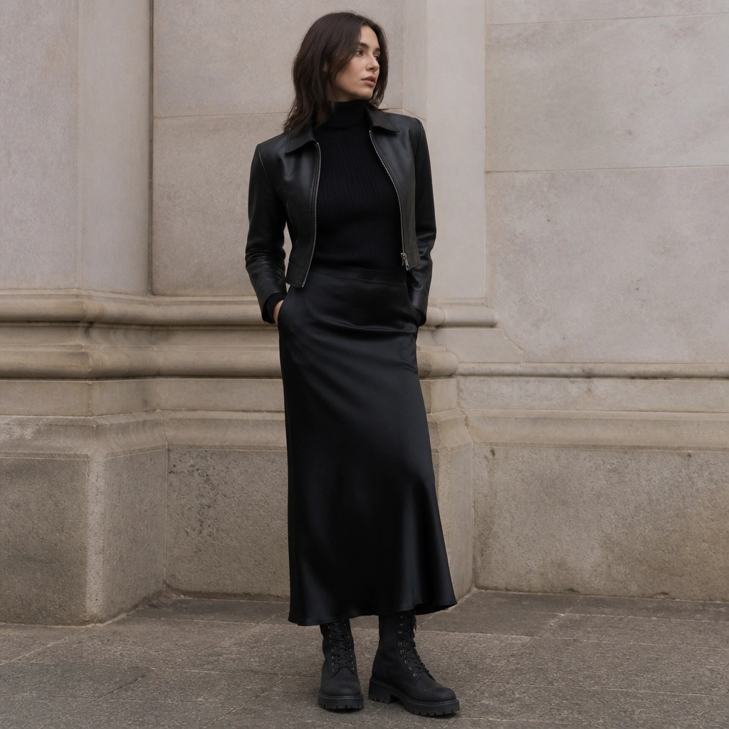 A woman in black midi slip skirt and a fitted ribbed turtleneck, paired with dark Timberland boots. A cropped black leather jacket sits at the waist, and the skirt falls straight with minimal flare.
