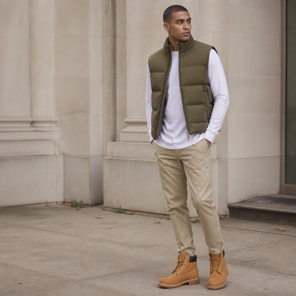 A man wearing tan Timberland boots with khaki chinos. He’s layered with a longline white tee and a compact olive puffer vest that ends at the hip.