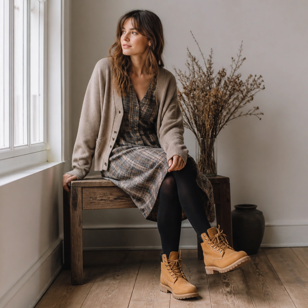 A woman in a plaid button-front dress with black tights and tan Timberland boots. She’s wearing a neutral cardigan over the dress, with one button left open to show the neckline.