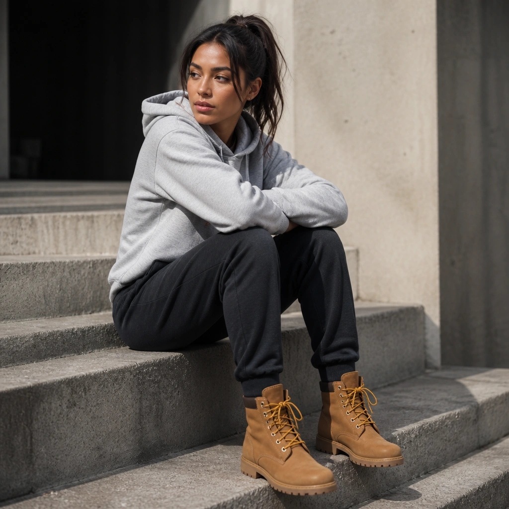 A woman in charcoal joggers and a heather-gray hoodie with tan Timberland boots. The boots have contrasting laces - slightly brighter gold or orange - and the joggers are tucked into the boot opening.