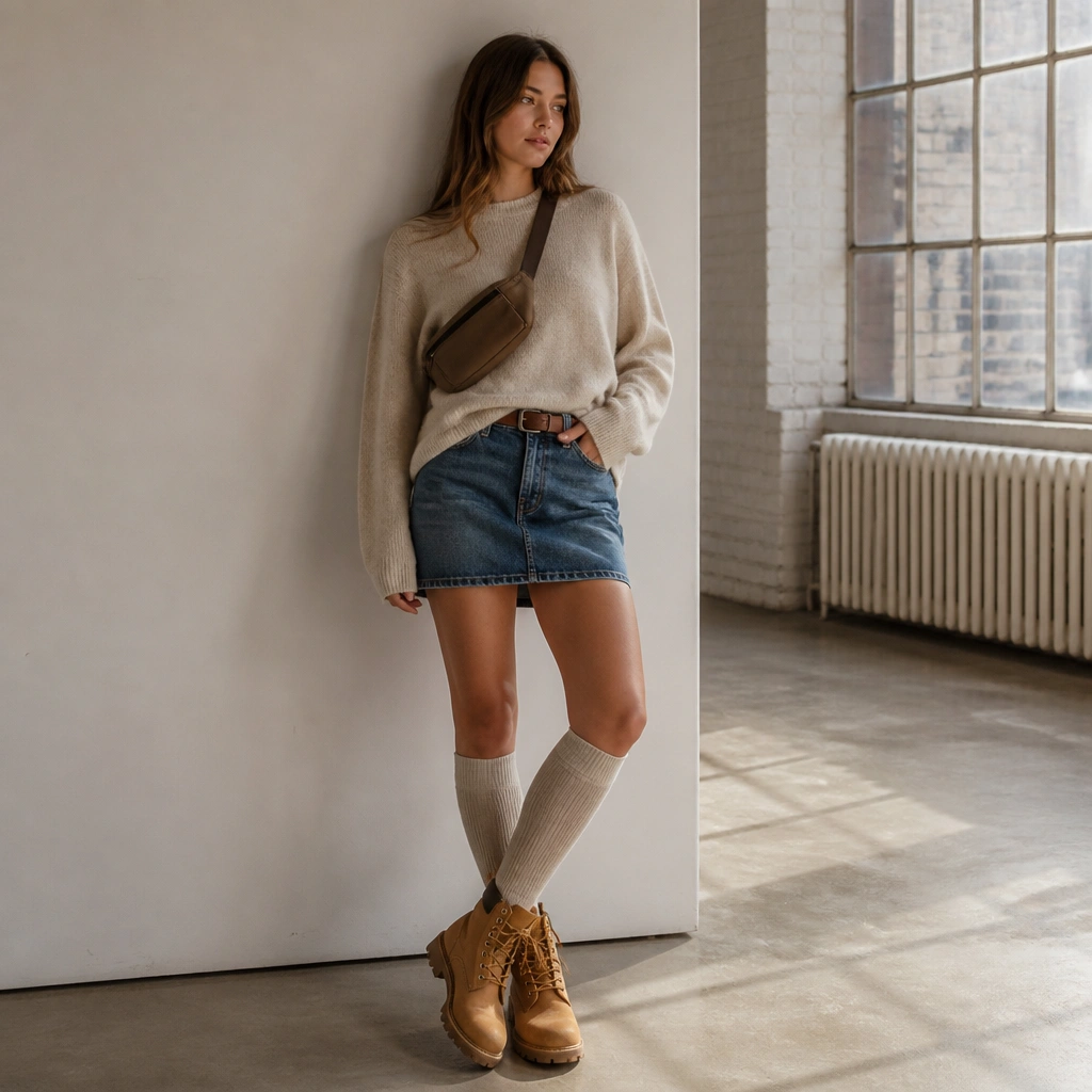 A woman wearing a medium-wash denim mini skirt with tall socks and tan Timberland boots. She has a simple oatmeal crew sweater and a small belt bag across her torso.