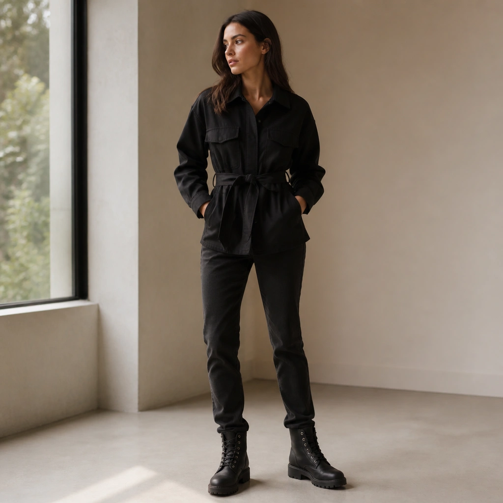 A woman in black jeans and black Timberland-style boots, wearing a belted black utility overshirt. The overshirt is slightly structured, and the belt is tied at the waist for a clean silhouette.