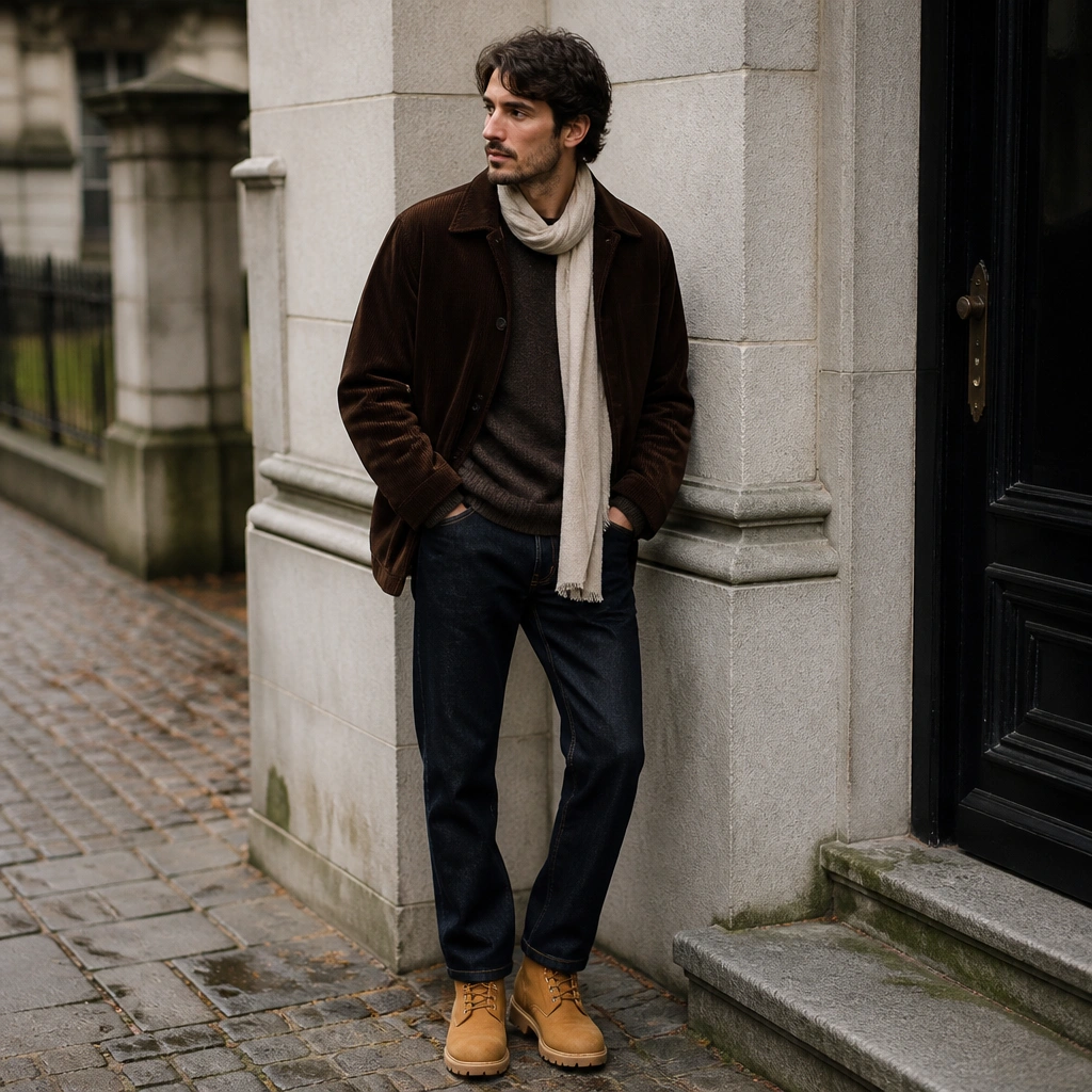 A man wearing a chocolate corduroy jacket with straight dark jeans and wheat Timberland boots. A thin neutral scarf (cream) is loosely draped at the neck.