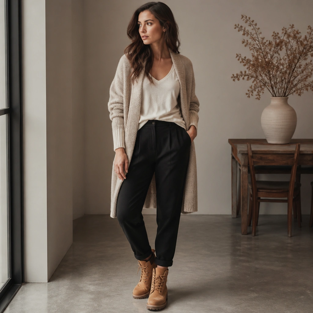 A woman wearing tapered black pants and tan Timberland boots, with a long oatmeal cardigan. The front of the cardigan is lightly tucked at the waist so it doesn’t swallow her frame.