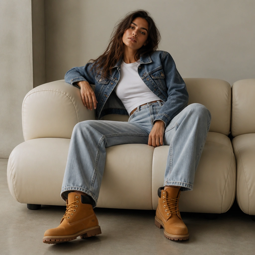 A woman in light-wash wide-leg jeans, a fitted white tee, and a cropped denim jacket. She wears tan Timberland boots with jeans hem falling just above the boot top.
