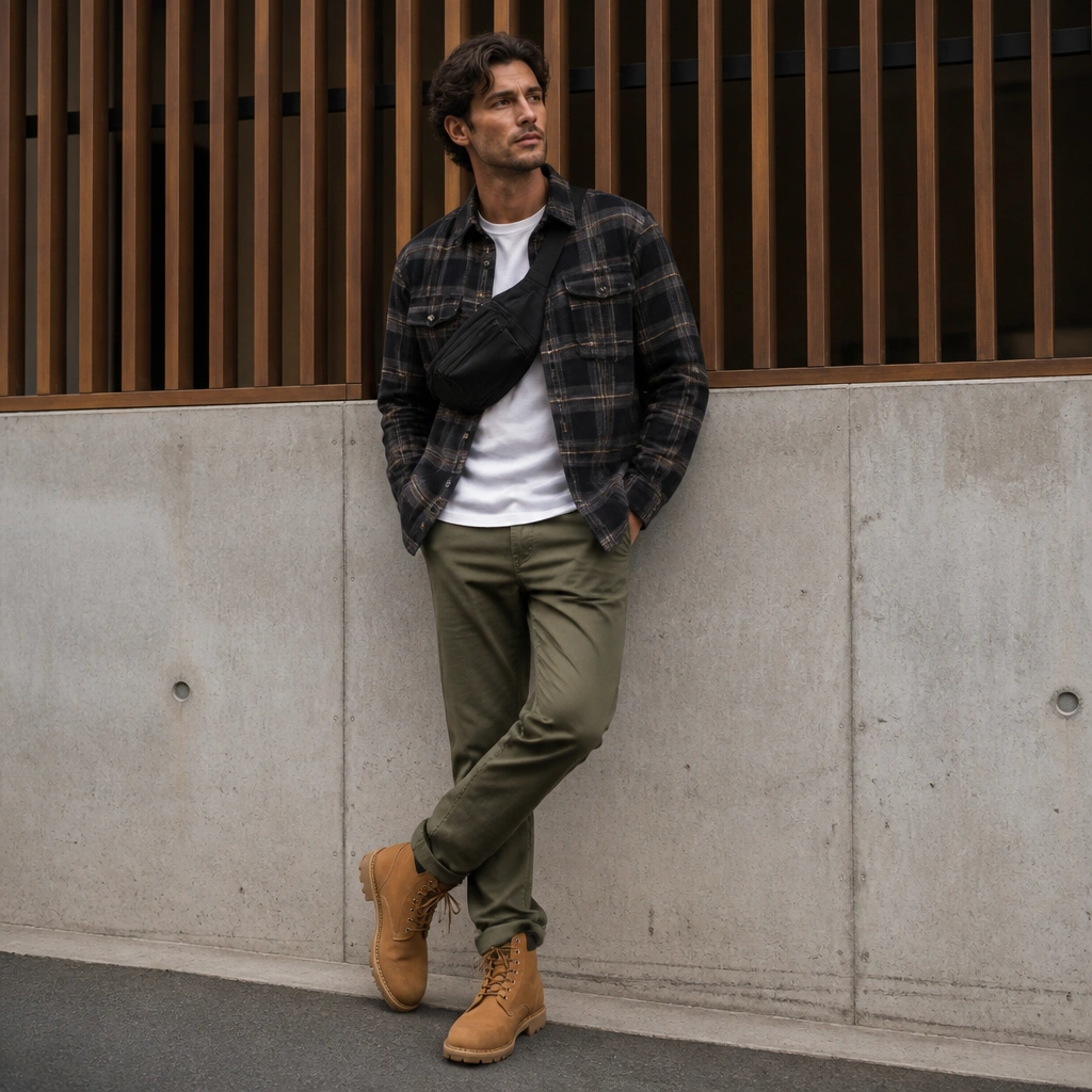 A man wearing a dark plaid flannel shirt over a plain tee, paired with olive chinos and tan Timberland boots. A black belt bag sits across the chest/waist area.
