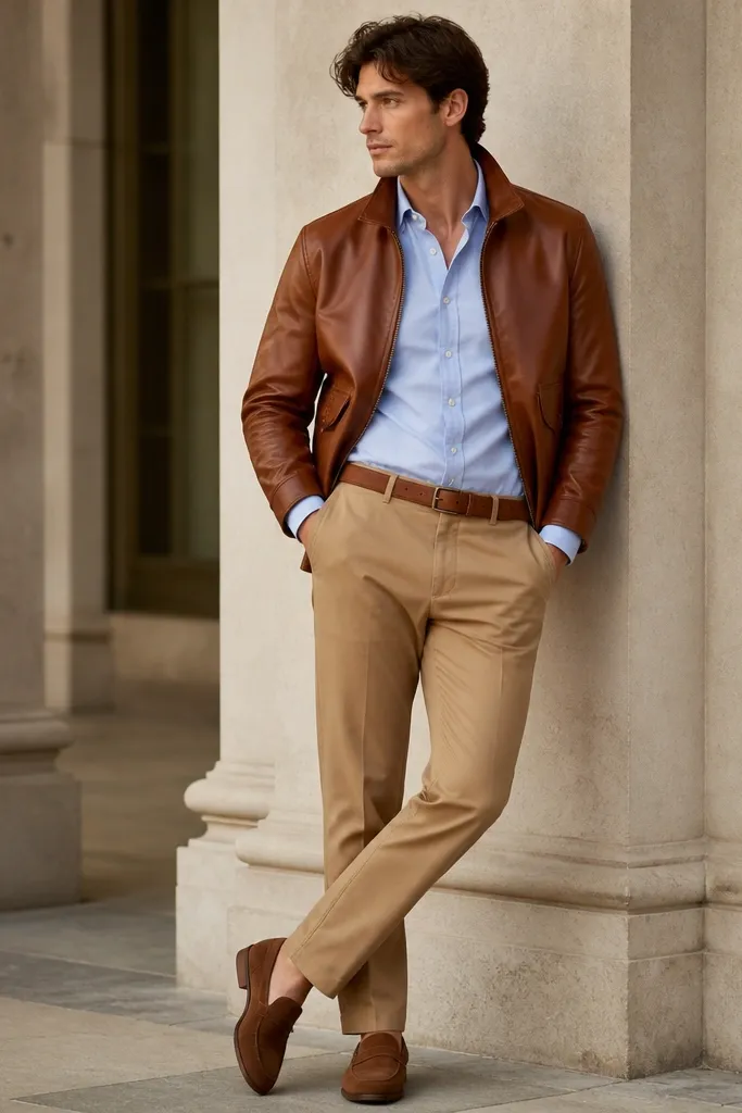 A cognac brown leather jacket over a light blue button-down oxford shirt, tucked slightly into tan chinos. The model wears a brown leather belt and suede loafers with a low heel.