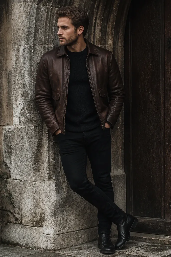 A rugged brown leather jacket worn with black slim jeans and black leather boots. The outfit includes a dark crew-neck sweater underneath; the overall look is high-contrast with mostly black and brown tones.