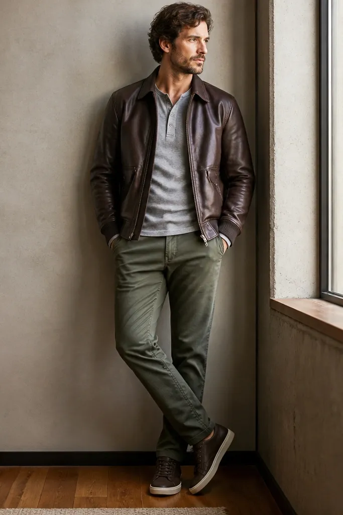 A brown bomber-style leather jacket layered over a heather gray henley. The pants are olive green, with dark brown sneakers. The look is casual and layered, with the henley buttons visible.