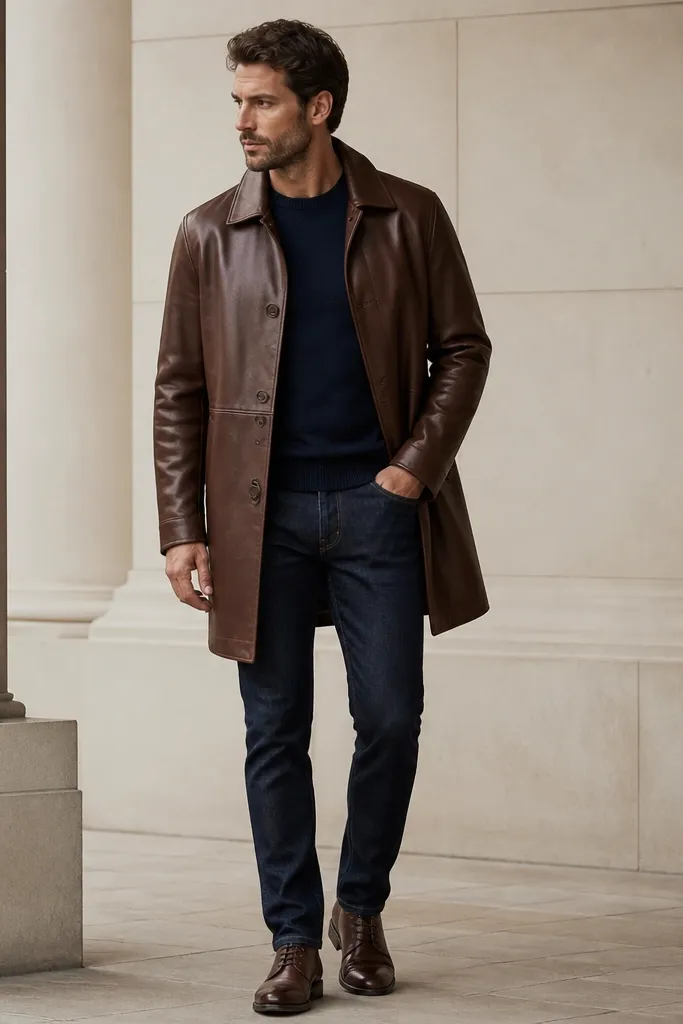 A longline brown leather coat/jacket layered over a navy crewneck sweater. The wearer has dark indigo jeans and brown leather lace-up shoes. The hem of the leather falls below the hips.