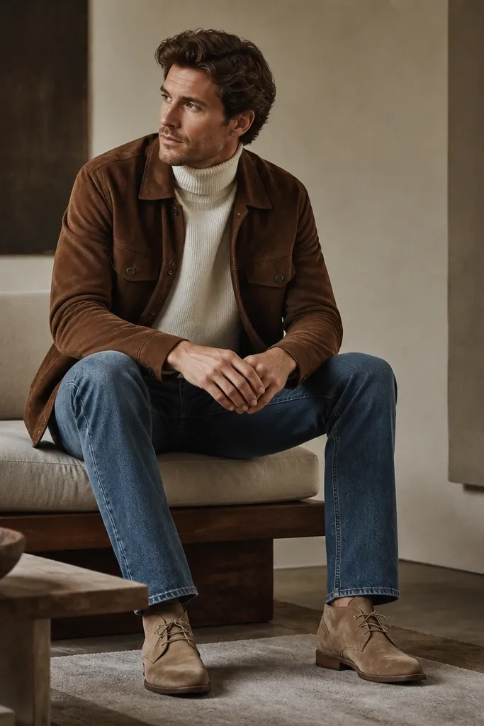 A suede brown leather jacket (slightly fuzzy texture) layered over a cream turtleneck sweater. The pants are medium-wash straight-leg jeans. The shoes are light brown suede desert boots.