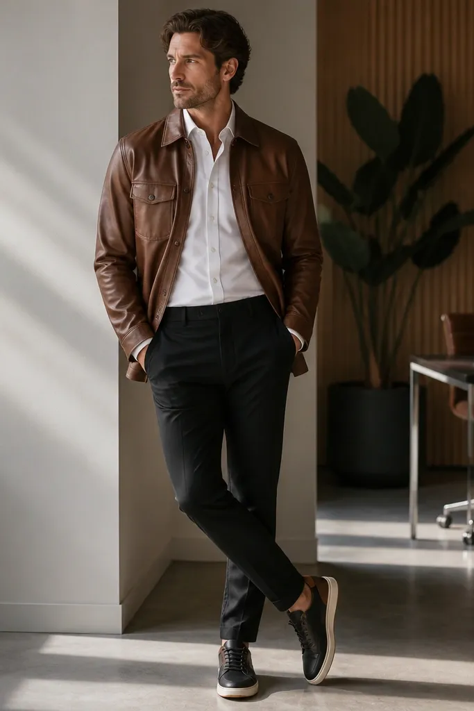 A brown leather shacket worn open over a white button-down. The trousers are black slim-fit, paired with minimal black-and-brown sneakers. The outfit looks office-casual with clean lines.