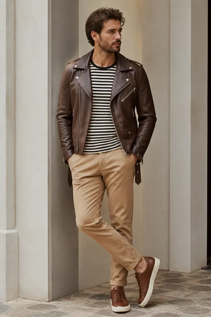 A fitted brown biker leather jacket over a black-and-cream striped T-shirt. The pants are tan chinos, and the shoes are brown leather sneakers. The jacket zippers and hardware are visible.