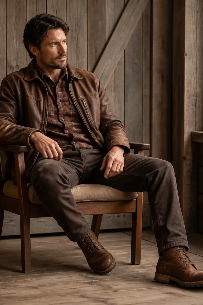A brown leather jacket worn over a plaid flannel shirt in warm reds and browns. The pants are dark brown workwear-style trousers. The boots are rugged brown leather with thick soles.