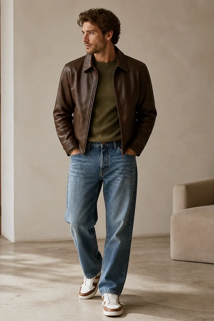 A brown leather jacket over an olive green crewneck sweater. The jeans are medium wash with a relaxed fit. The shoes are white sneakers with brown accents.