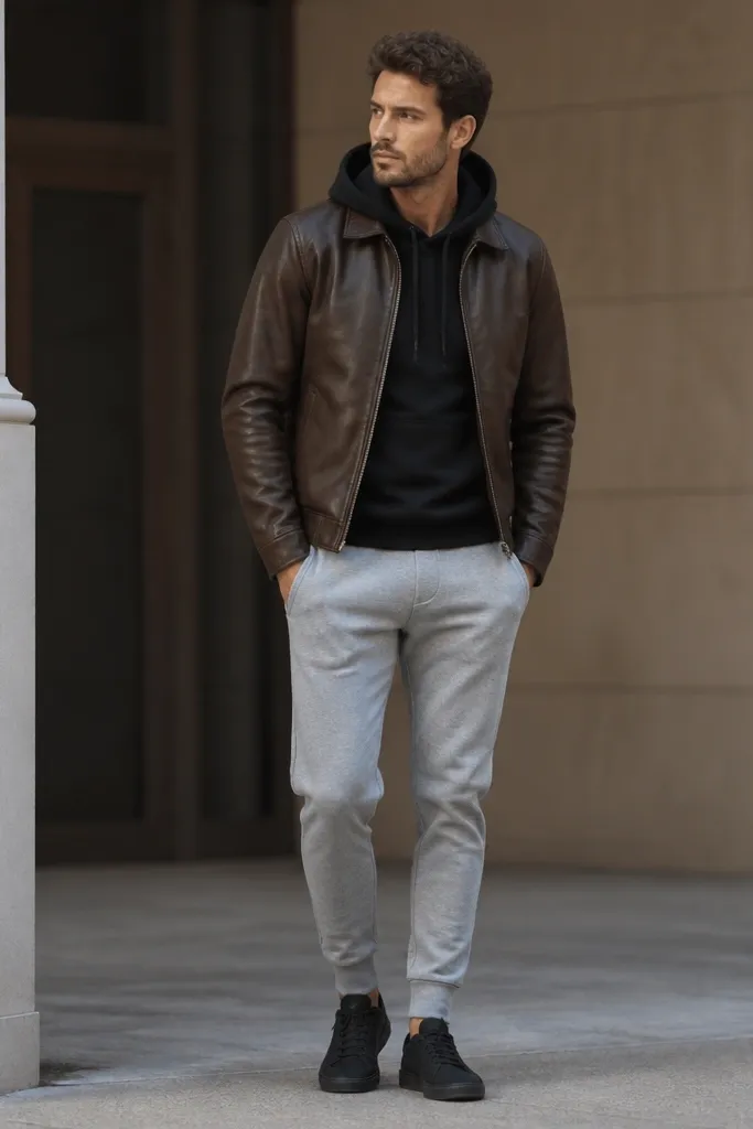 A brown leather jacket worn over a black hoodie. The joggers are light gray and tapered, paired with dark sneakers. The jacket collar frames the hoodie neckline.