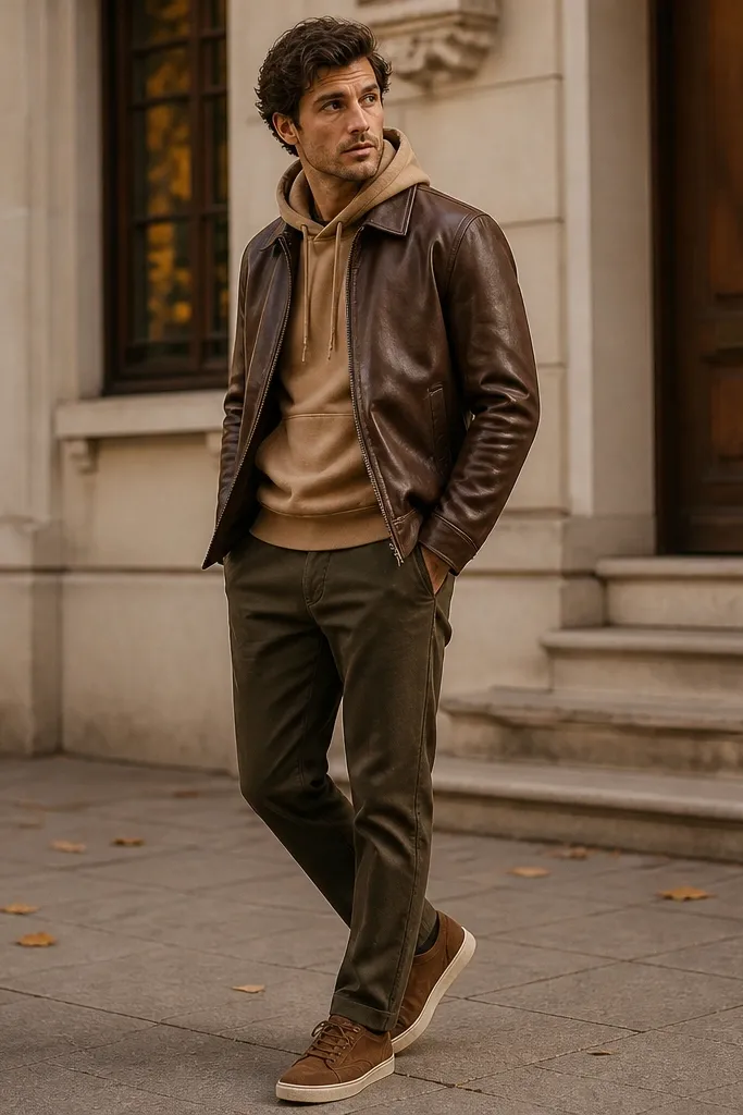 A tan hoodie under a brown leather jacket, paired with dark olive pants. The shoes are brown suede sneakers. The outfit looks warm-toned and layered for fall weather.