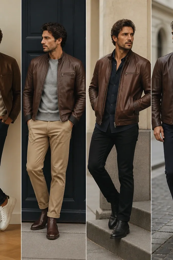 Step-by-Step Beginner Brown Leather Jacket Outfit Men Looks