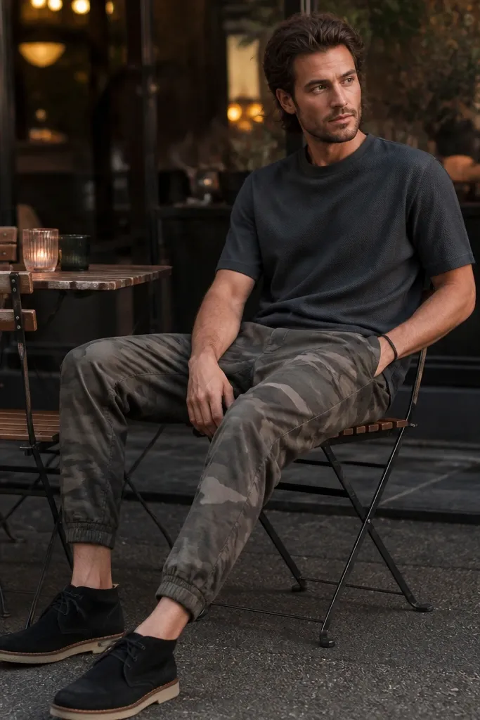 Olive camo joggers paired with a charcoal gray mesh short-sleeve tee. The shoes are black suede desert boots with a crepe sole; the scene looks like an outdoor café with soft evening light.