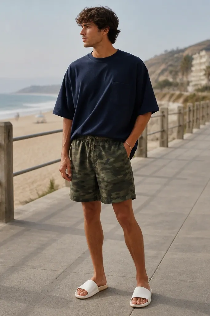 Green camo shorts with an oversized navy T-shirt worn half-tucked. The footwear is white leather slides with a minimal strap; the background is a beach boardwalk.