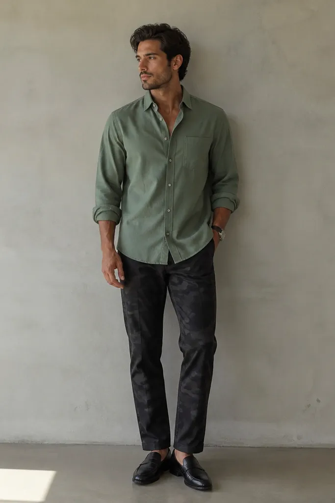 Black camo pants paired with a sage green button-down shirt worn untucked. Black leather loafers are visible, and the outfit looks polished against a neutral wall.