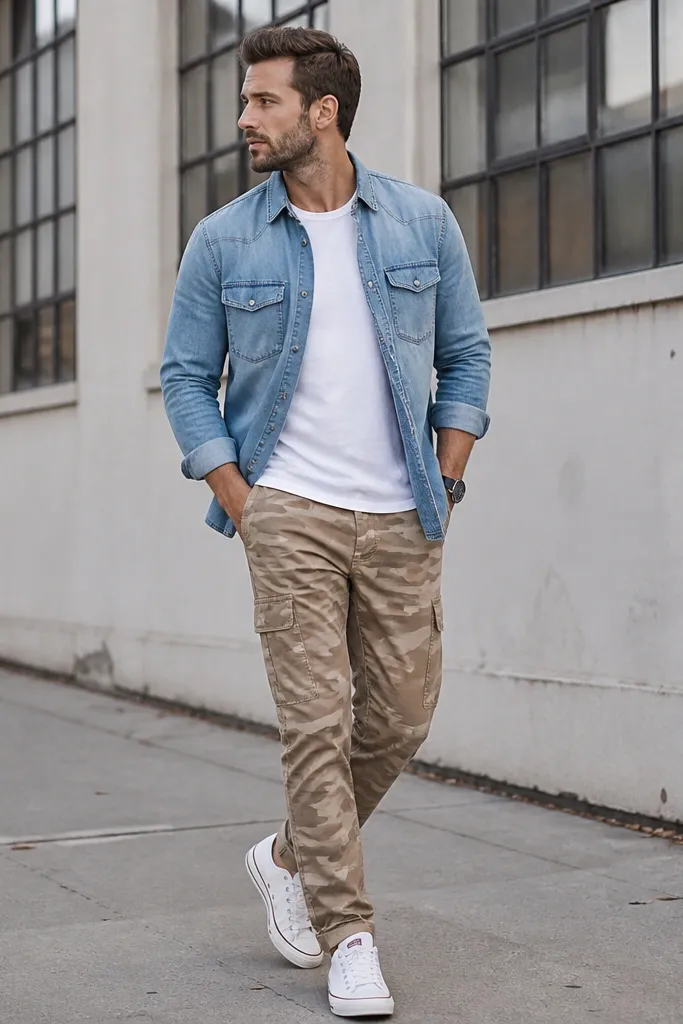 Tan camo pants with a light blue denim shirt-jacket worn open over a plain white tee. White canvas sneakers and a simple watch are visible; the photo looks like a casual street style shot.
