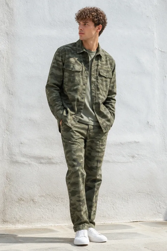 A coordinated olive camo overshirt worn over matching camo pants. The footwear is minimal white sneakers; the look is monochrome and photographed in bright daylight.