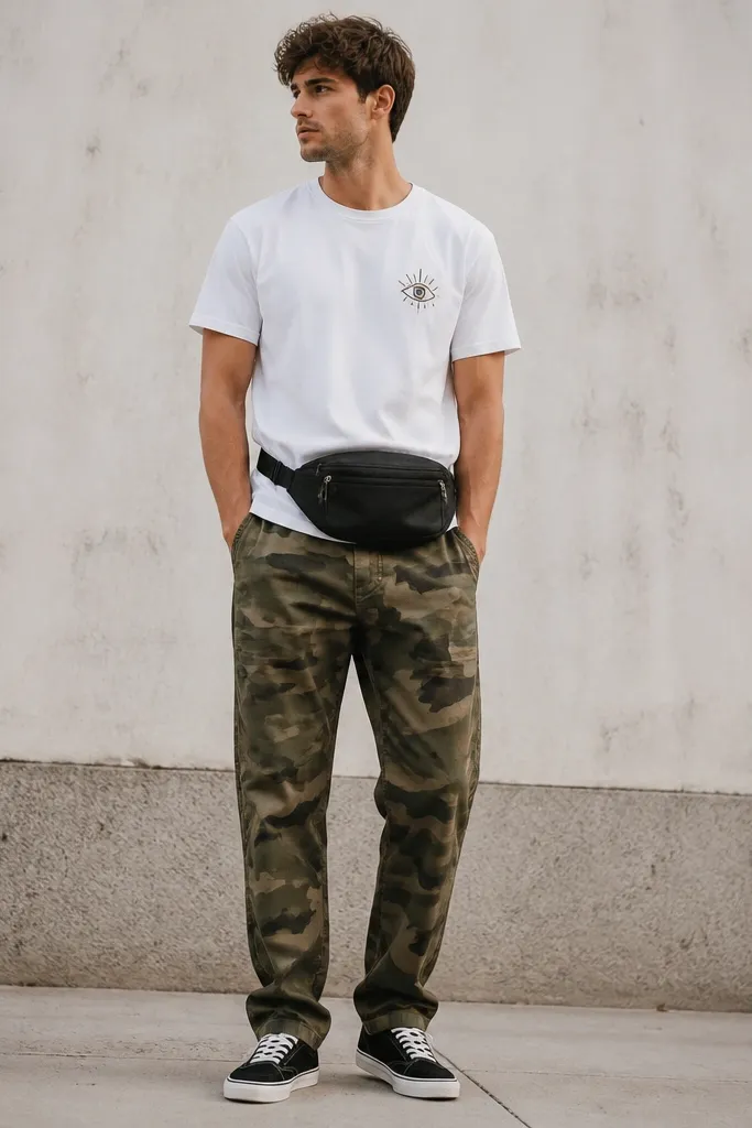 Olive camo pants paired with a white graphic tee featuring a small chest logo. A black canvas belt bag crosses the waist, and black canvas sneakers are visible.