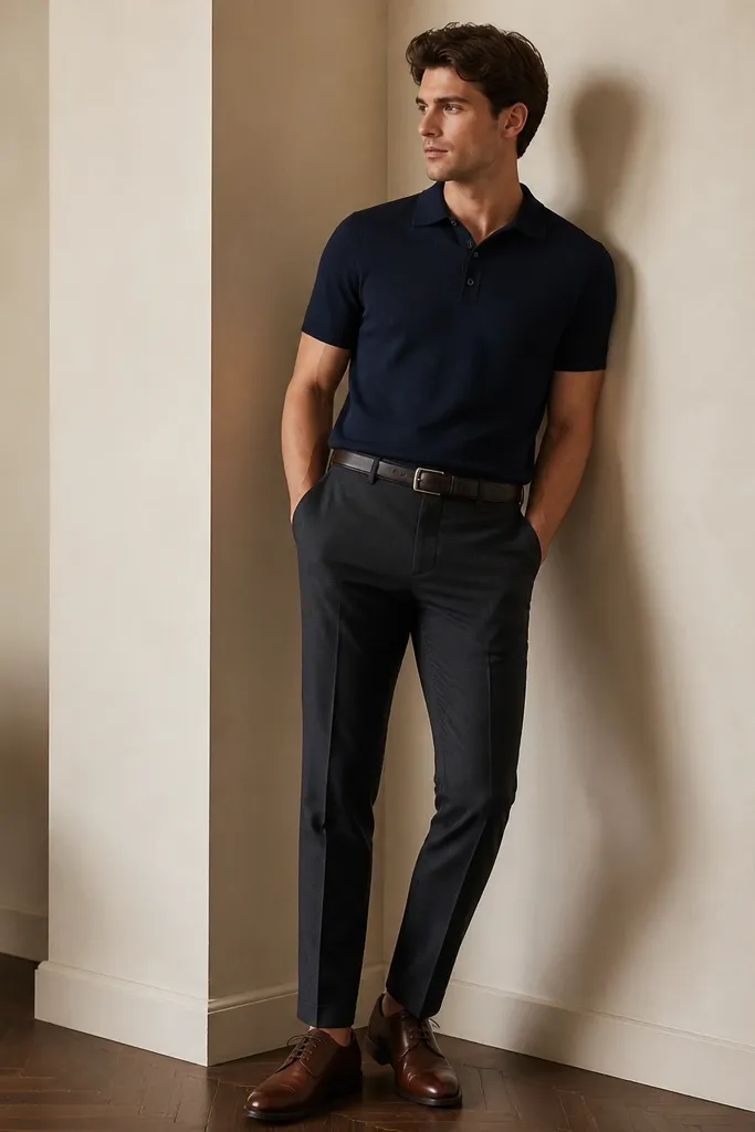 A dark navy knit polo with a neat collar and short sleeves, tucked into charcoal tapered trousers with a minimal matching belt. Brown leather derby shoes complete the look.