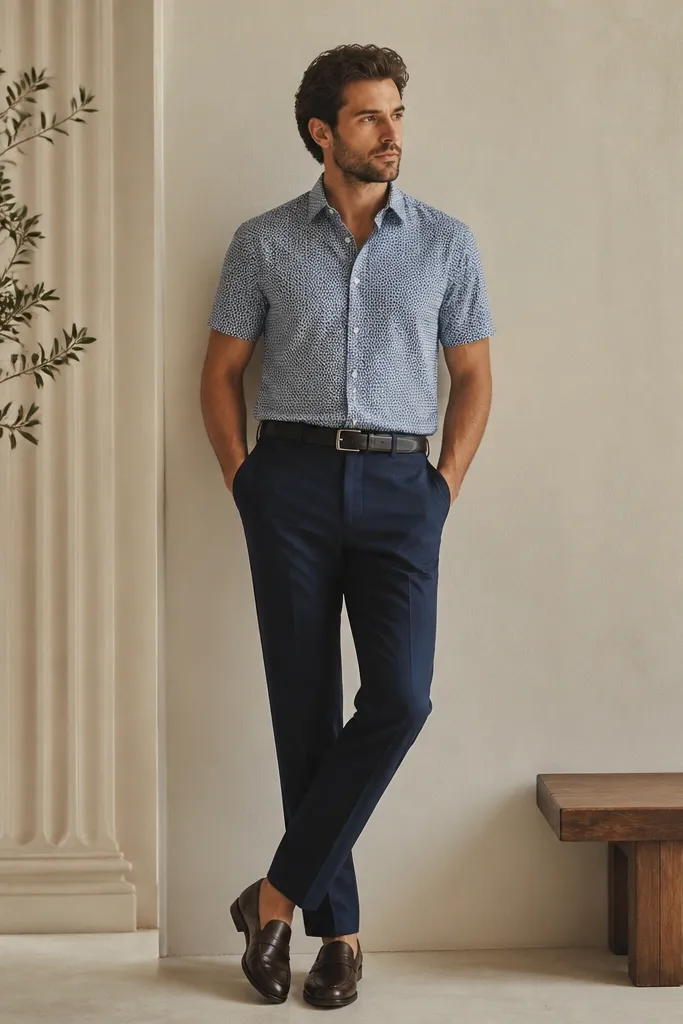 A short-sleeve shirt with a small geometric pattern in white and muted blue, worn with solid navy tailored trousers. A simple black belt and dark brown loafers finish the outfit.