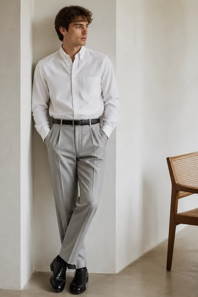 A white Oxford button-down with visible woven texture, tucked into light gray pleated trousers. A black leather belt and black leather oxford shoes complete the outfit.