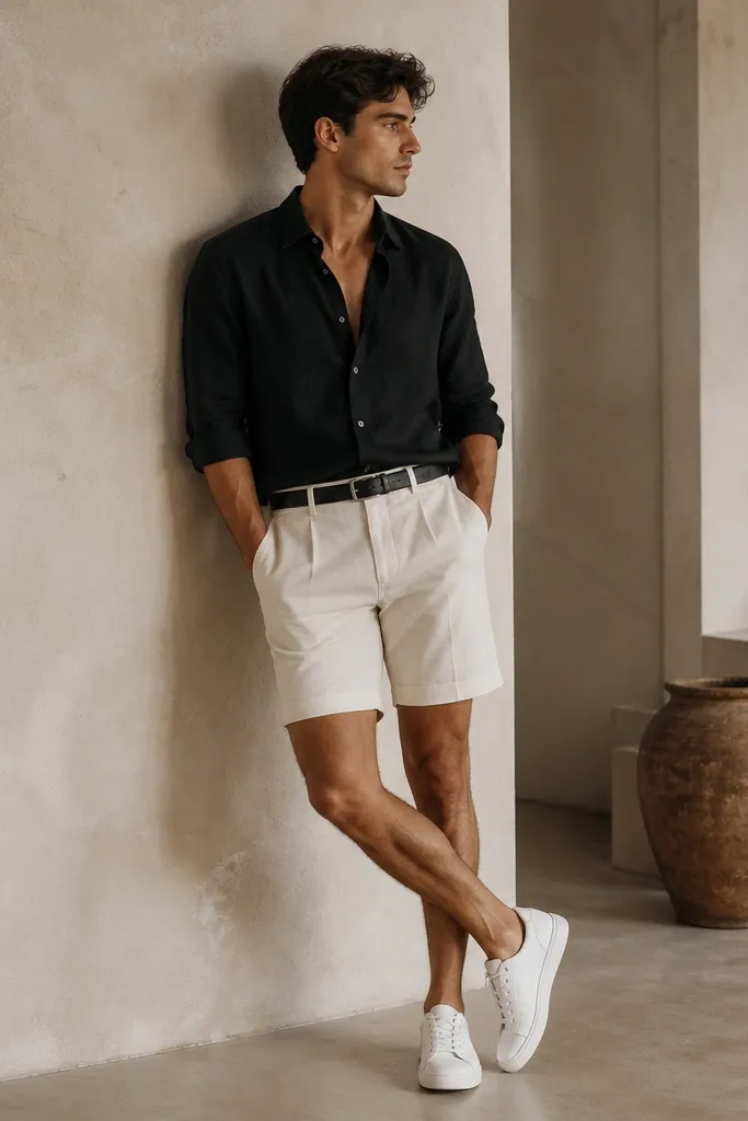 A black linen button-up worn slightly open at the top, paired with ecru tailored shorts that hit mid-thigh. A black belt and white leather sneakers are shown.