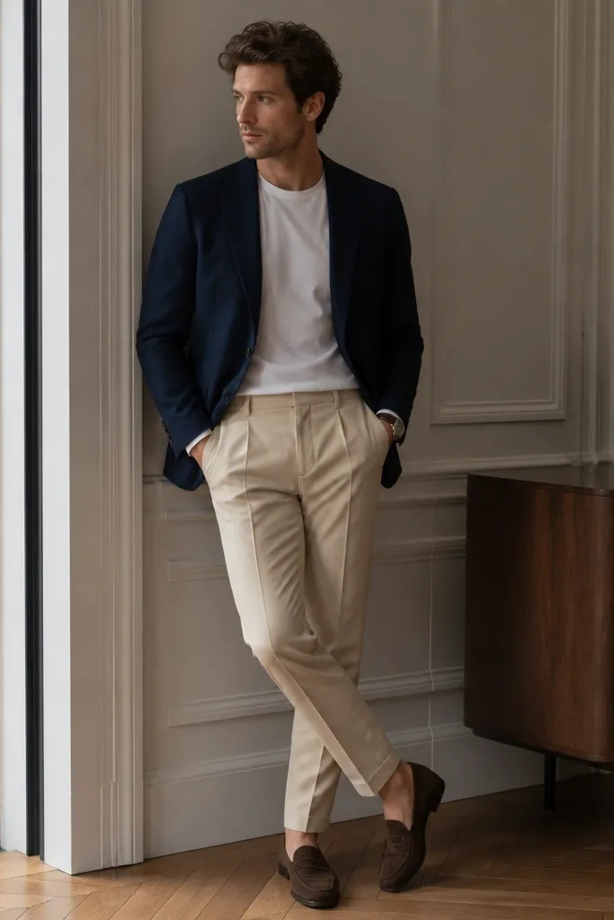 A lightweight navy blazer over a plain white tee, paired with beige tailored trousers. Minimal accessories: a simple watch, no tie, and brown suede loafers.