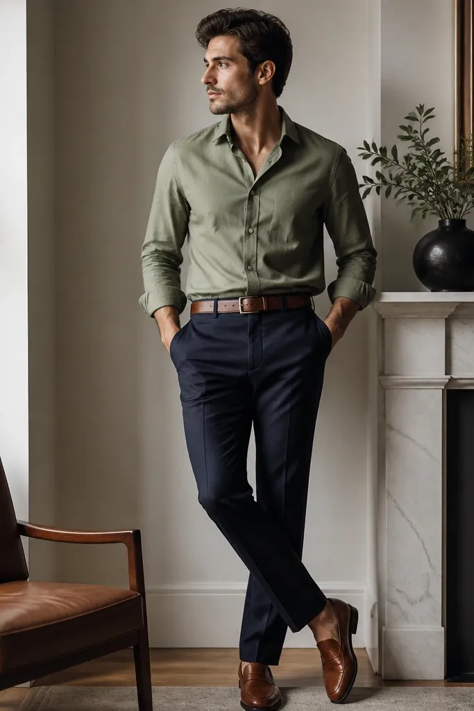 A sage green button-up with a clean collar, tucked into navy trousers. Cognac leather loafers and a matching cognac belt stand out against the cool tones.