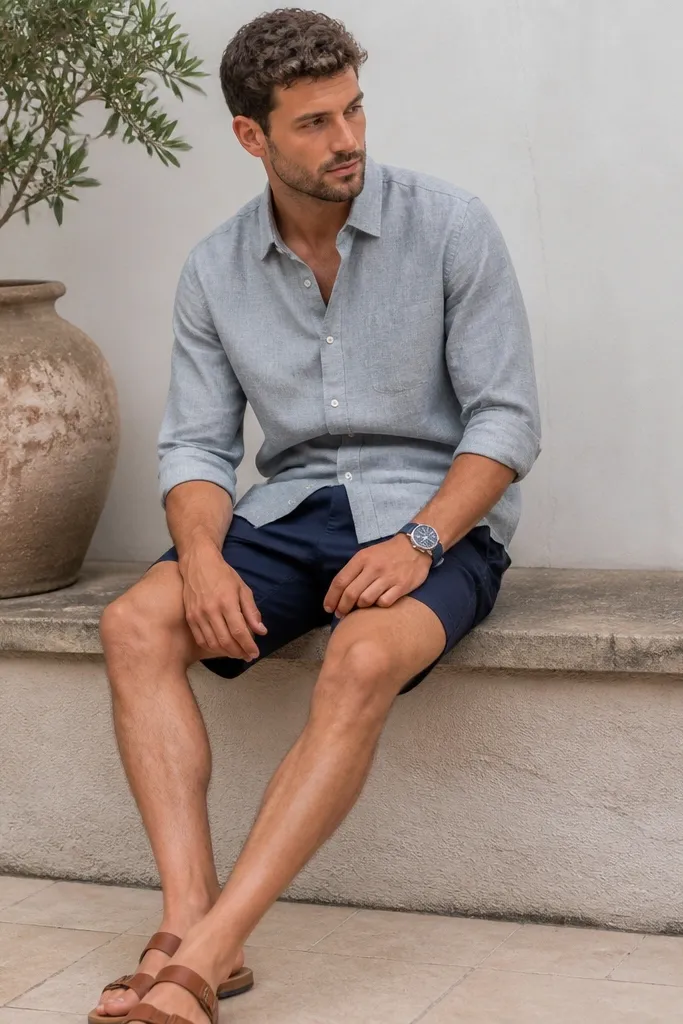 A light gray chambray shirt worn with sleeves rolled to mid-forearm, paired with navy tailored shorts. Leather sandals and a woven watch strap complete the scene.